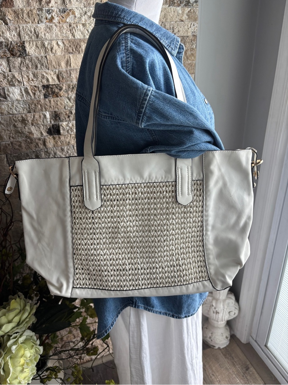 White Woven-Panel Tote Bag with Double Handles